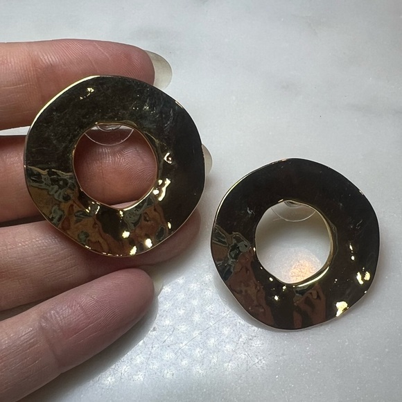 Hammered Gold Tone Sculptural Donut Earrings | 1.5” Statement Hoops | Pierced - Picture 3 of 4